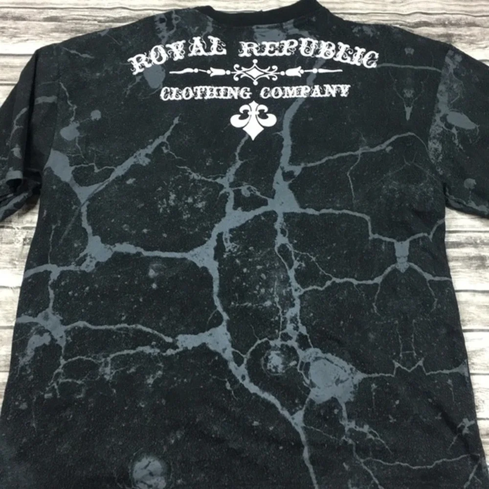 Royal Republic Mens2XL Black Marble Acid Wash Graphic T-Shirt Fleur De Lis Eagle